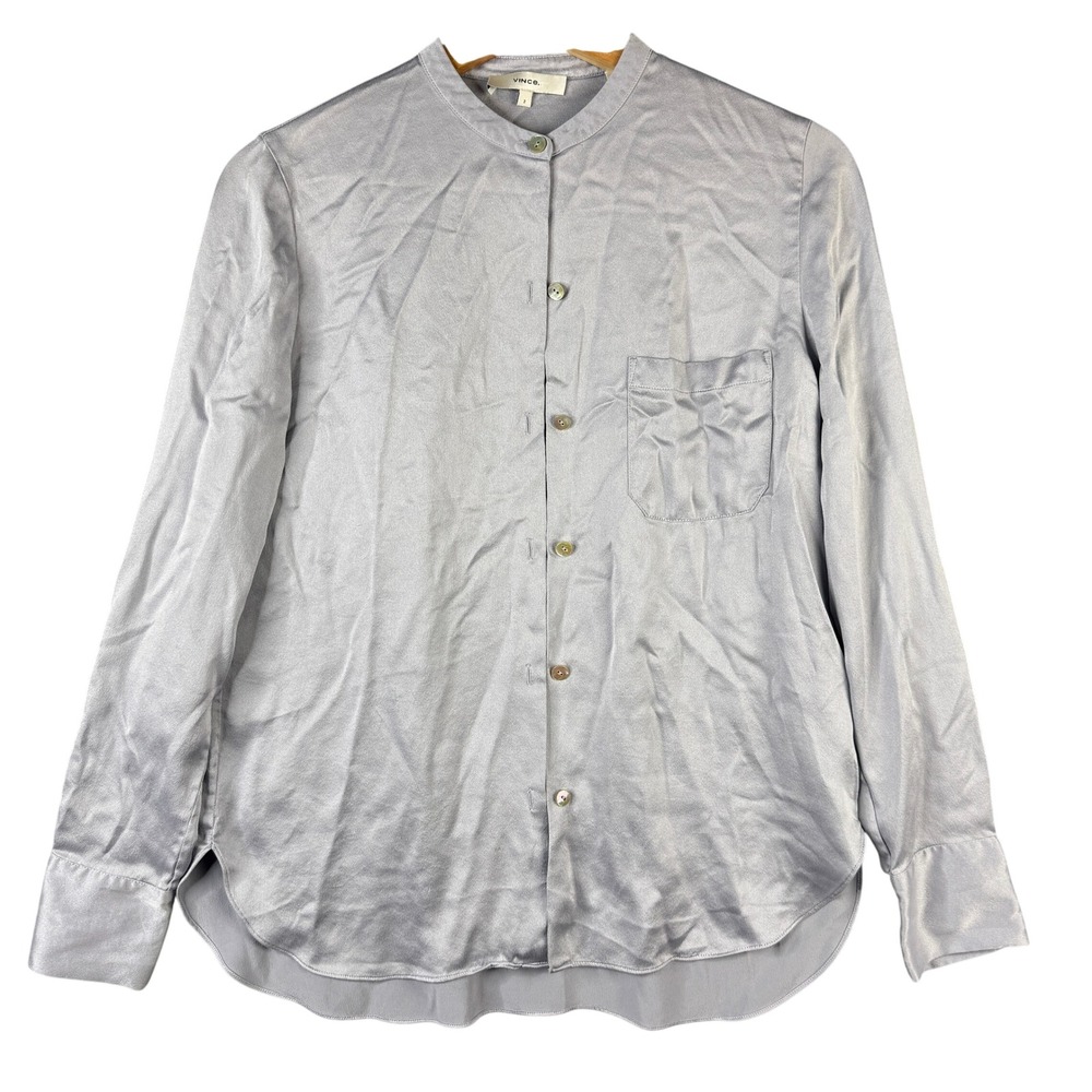 Vince 100% Silk Band Collar Button Down Blouse Silver Blue Size 2 Pocket